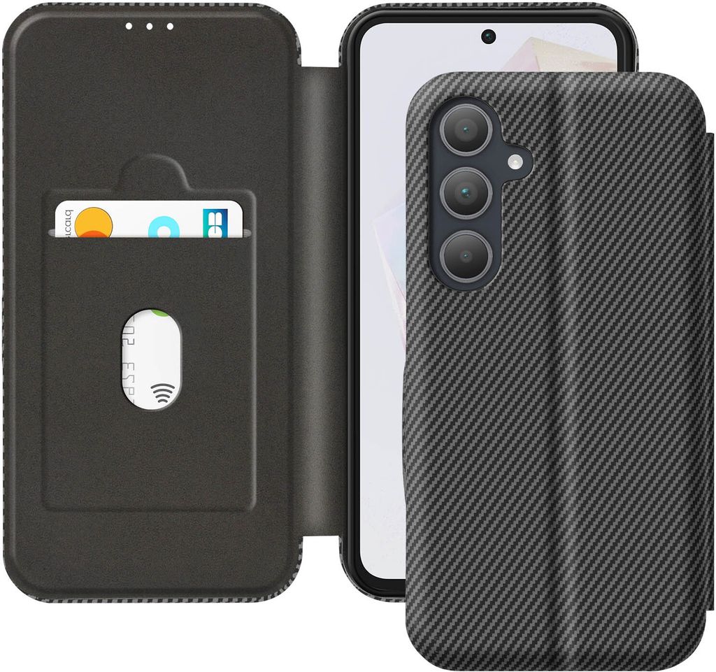 Avizar, Etui für Samsung A35 Carbon Design, Video-Ständer & RFID-Blocker, Schwarz