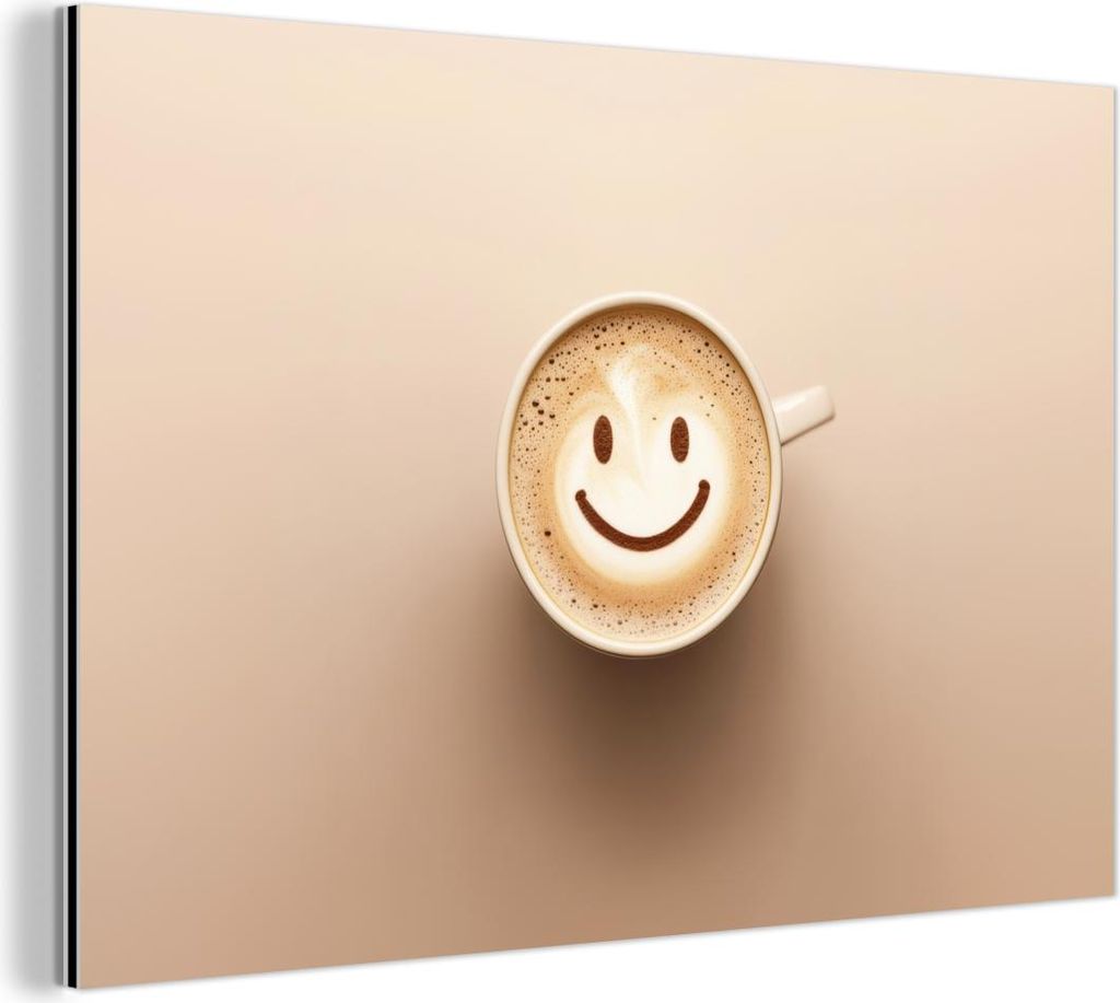 MuchoWow Wanddekoration Metall Metallbild Wandkunst 30x20 cm Kaffee - Milchschaum - Lächeln - Beige MuchoWow Aluminium Gemälde - Aluminiumgemälder
