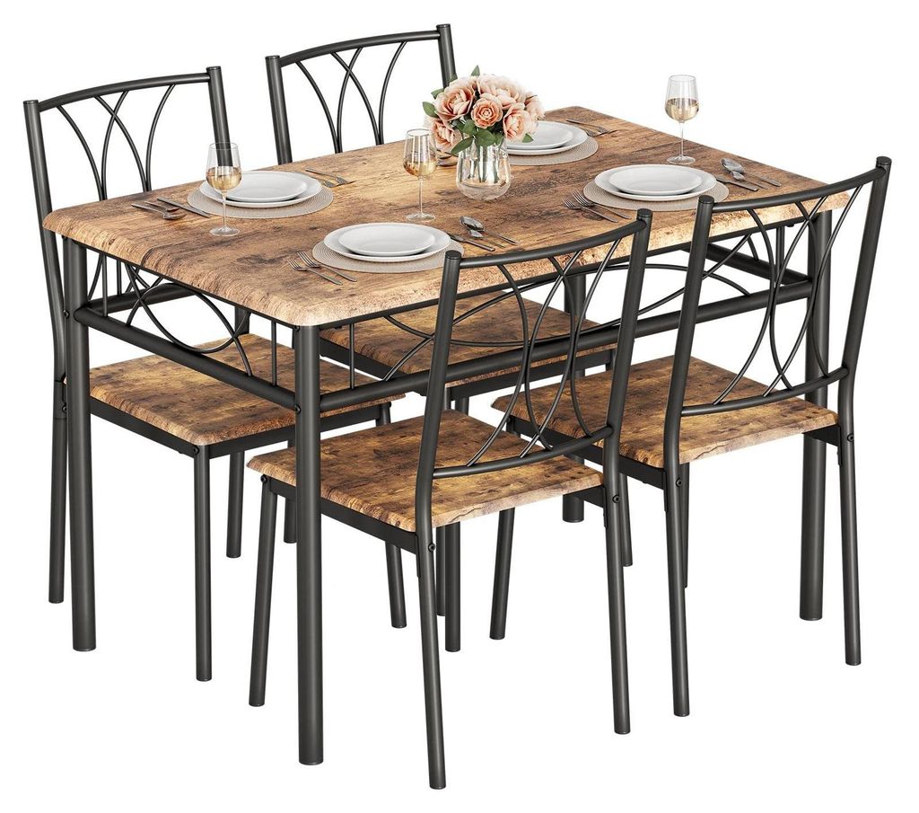 Essgruppe 5-teilig - Esstisch und 4 Stühle - Moderner Stil - Metallgestell - Tischplatte in Holzoptik - Leicht zu reinigen - Für kleine Räume - ...