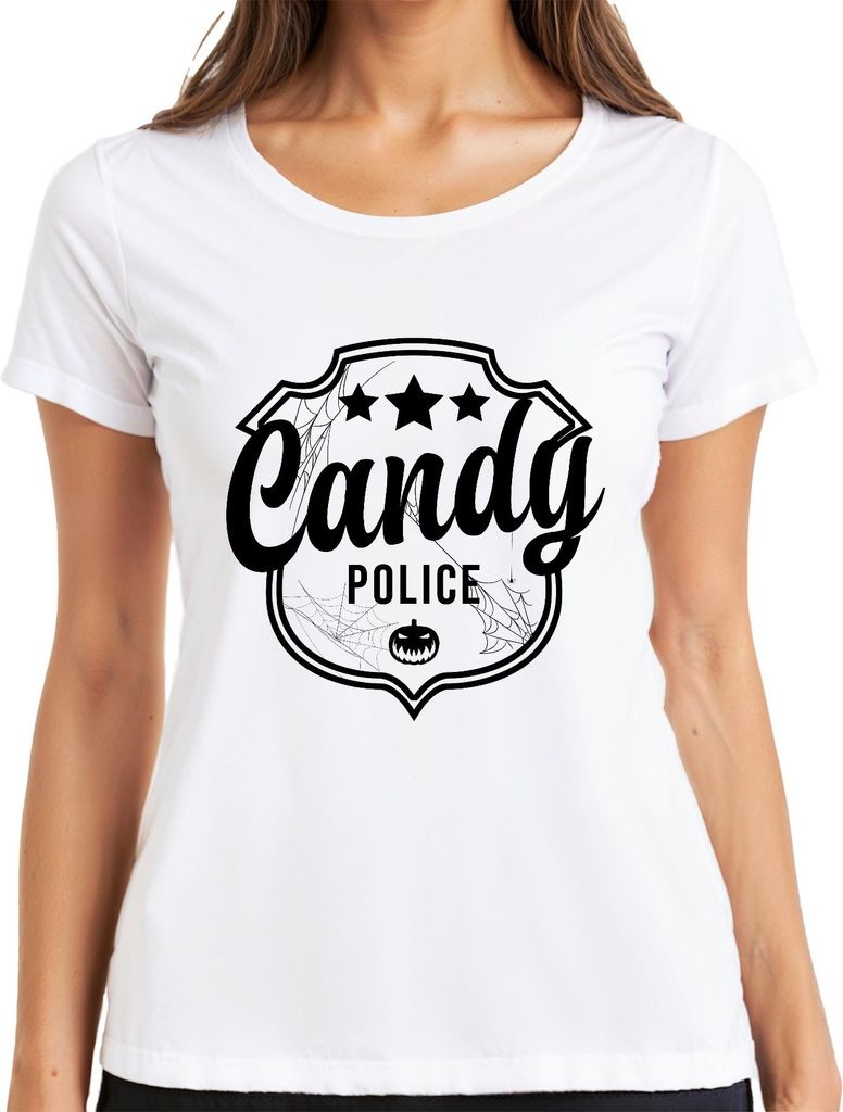 Candy Police Halloween Süßes oder Saures Polizei Abzeichen Kürbis Damen T-Shirt, Weiß, 3XL