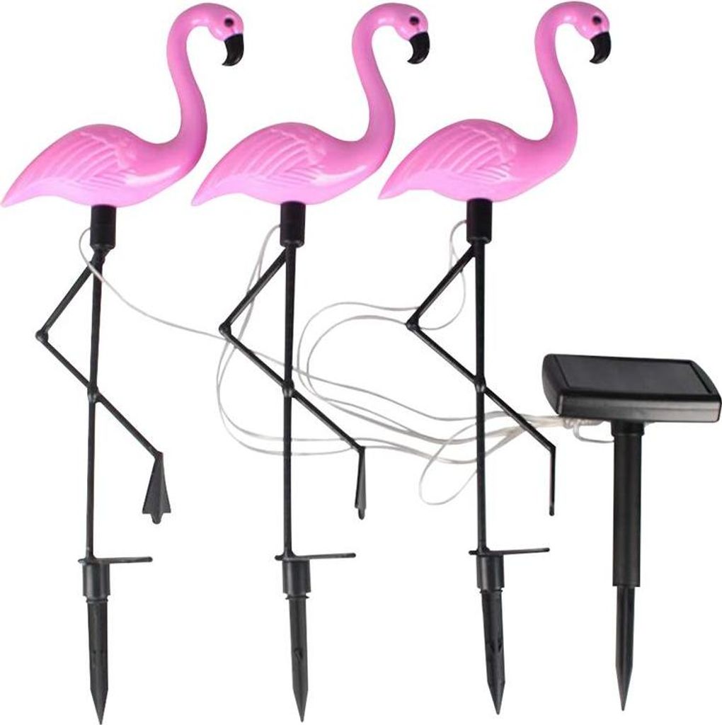 Three pink flamingo garden lights with a solar panel.
