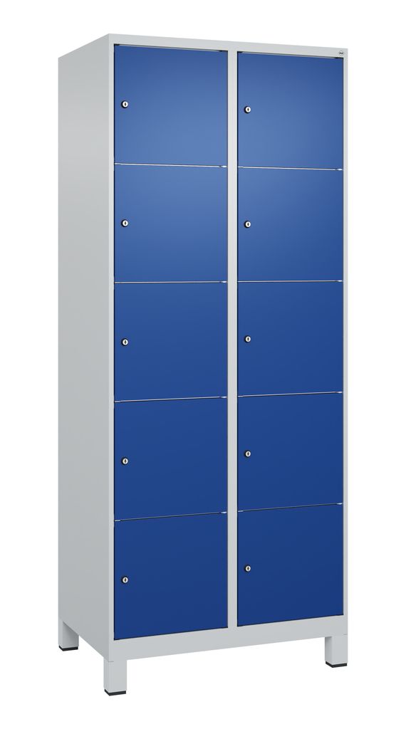 Fächerschrank, BxTxH 800x500x1950 mm, 2x5 Fächer, Abt.B 400 mm, Füße, Schloss, glatte Türen, RAL 7035/5010