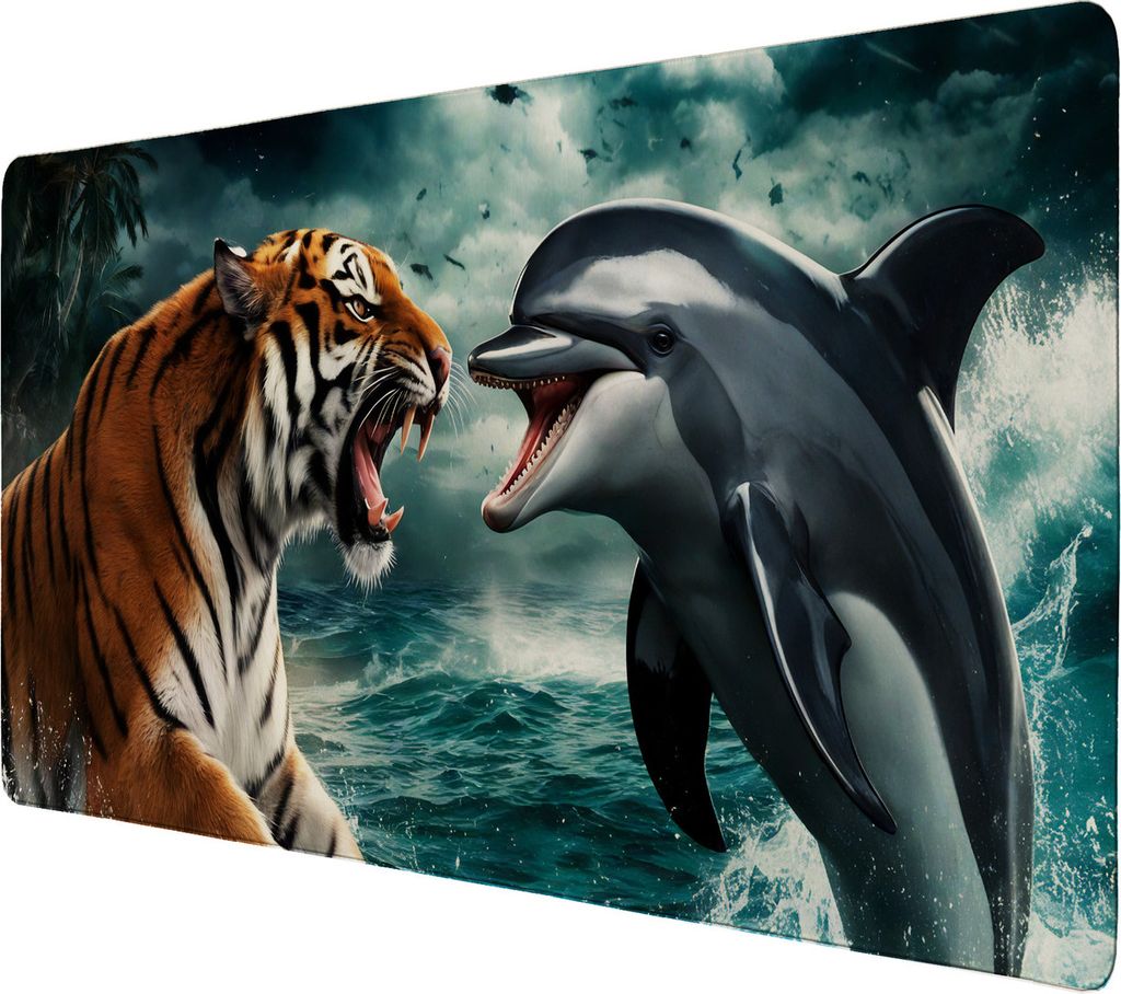 Tiger und Delfin Schreibtischunterlage 69x31cm XXL Mauspad - Tierische Energie