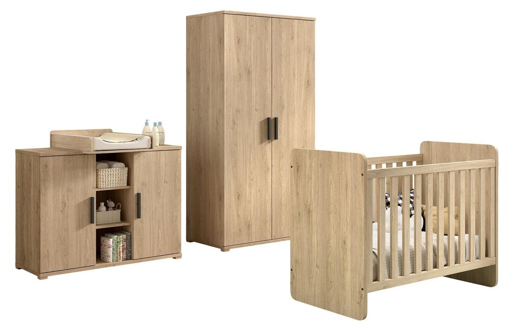 Babyzimmer Set Keelia Eiche mit Bett Schrank Wickelaufsatz