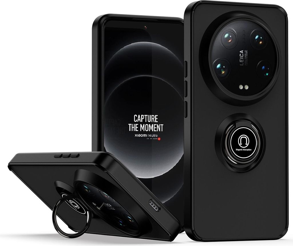Hülle für Xiaomi 14 Ultra Matte Transluzent TPU Stoßfest Schutzhülle mit Ring Halter Ständer Schwarz