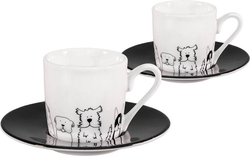 tea4chill Könitz Espresso Tassen Set Funny Dogs. 2 Kaffeetassen 65ml aus Porzellan. Espressotassen modern, schwarz-weiß