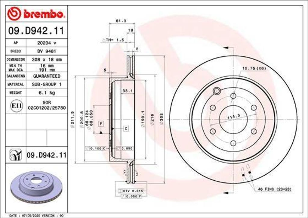 BREMBO 09.D942.11 Bremsscheibe OE 4704230200 kompatibel mit X-Klasse