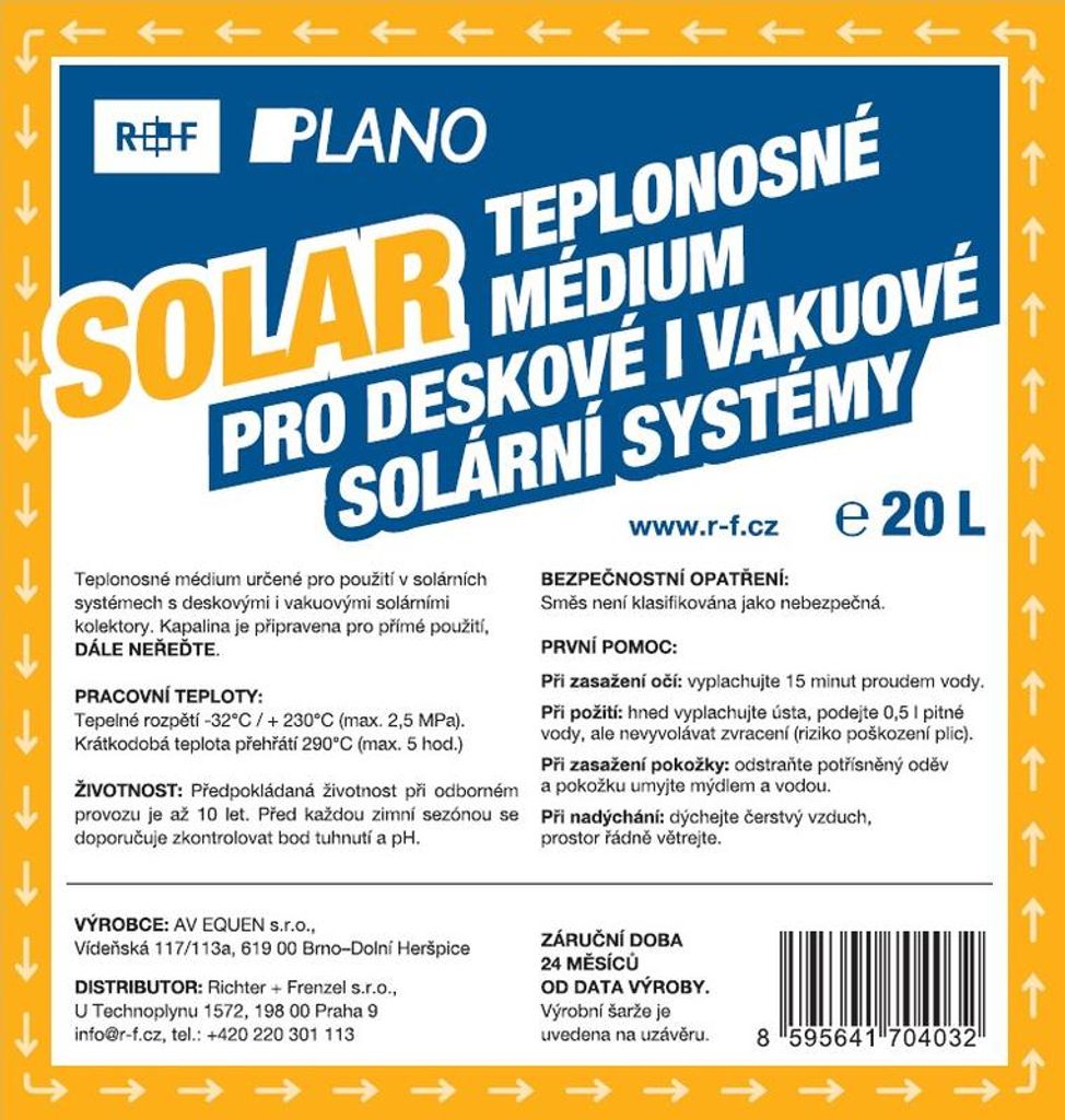 Frostschutzmittel und Wärmeträgerflüssigkeit Plano SOLAR FÜR SOLARANLAGEN 20L RFSOL/20