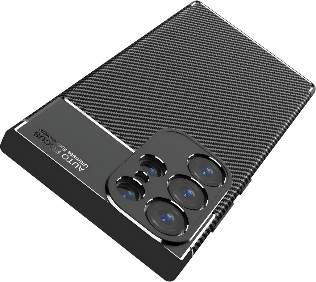 A black smartphone case with a carbon fiber texture and a camera module.