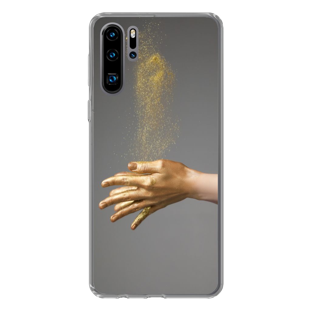 MuchoWow Handyhülle Schutzhülle Hülle für Huawei P30 Pro Frau mit goldgefärbten Händen und einer Glitzerwolke Silikon Softcase Handy Hülle...