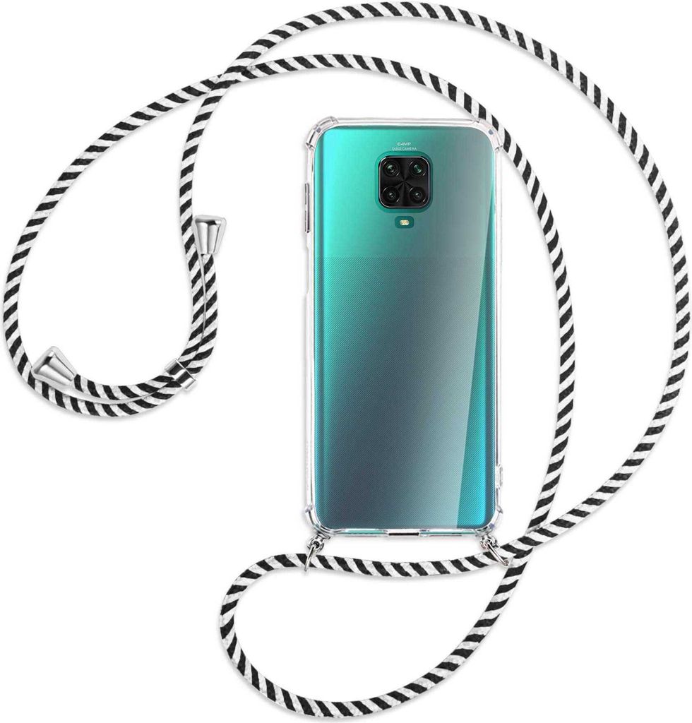 Handykette Backcover-Schutzhülle mit Band (Metall silberfarben) für Xiaomi Redmi Note 9 Pro / 9S - schwarz/weiß gestreift