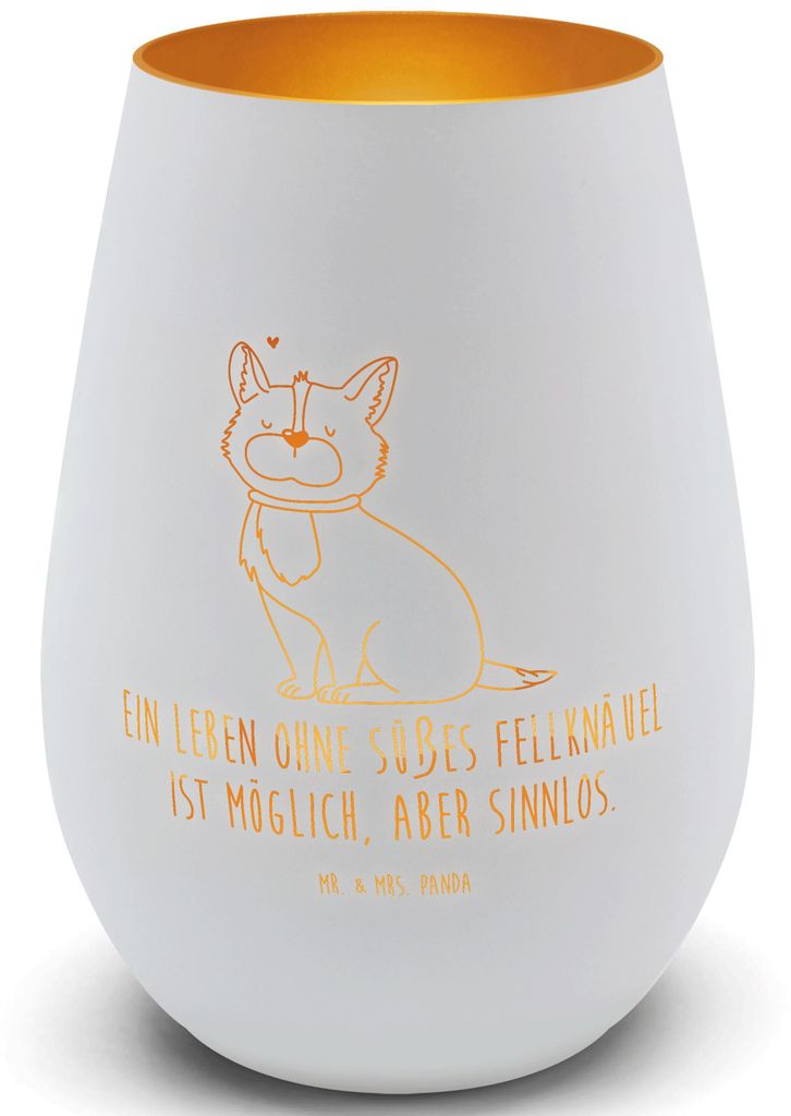 Mr. & Mrs. Panda Kerzenhalter Hund Glück - Weiß - Geschenk, Corgie, Sprüche, Liebe, glücklich, Spruch, Windlicht Glas, Teelichthalter, Laterne,...