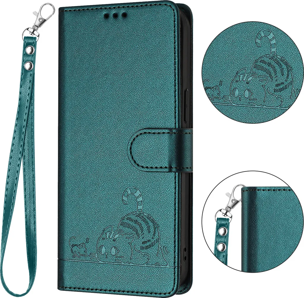 Custodia in pelle per Samsung Galaxy M52 5G, dolce gatto Custodia flip con funzione stand e portafoglio verde - 3