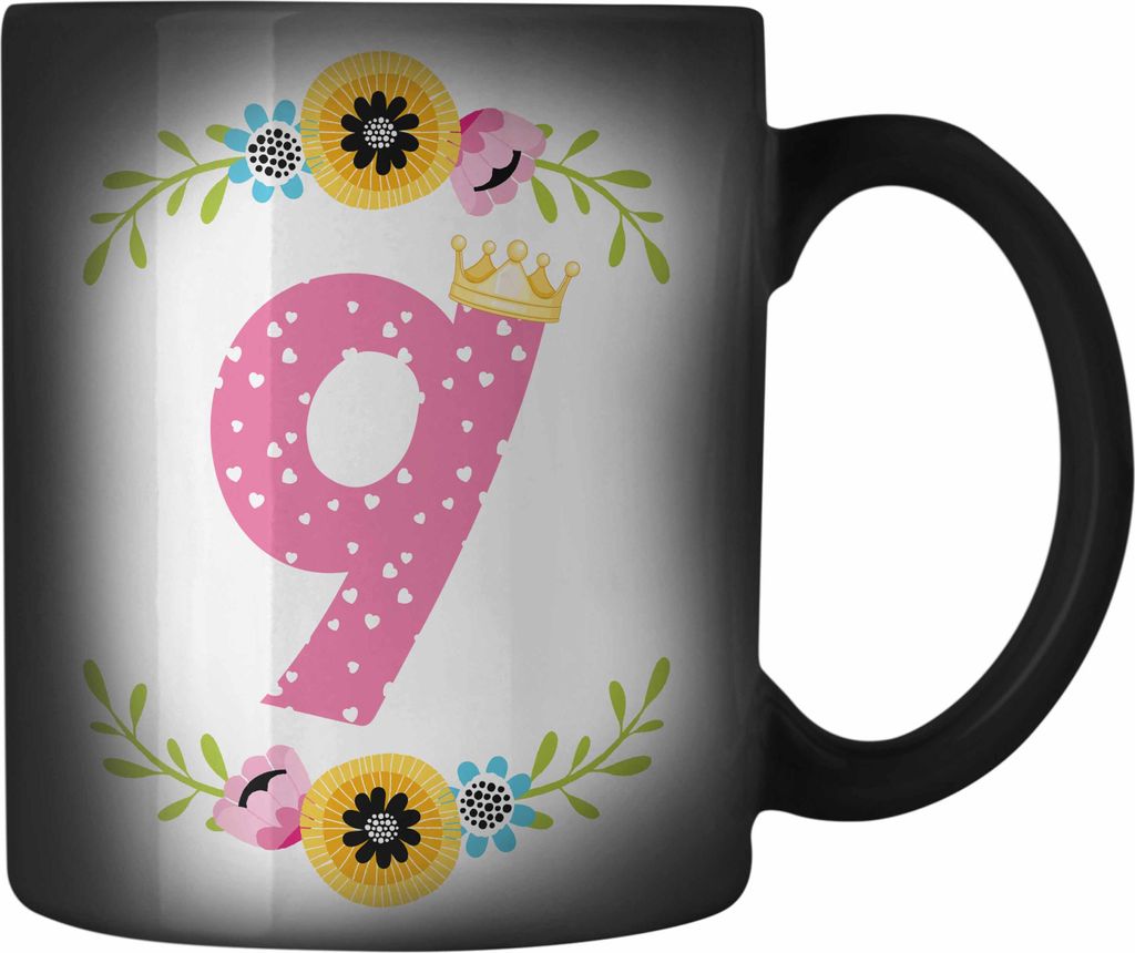 Trendation - 9. Geburtstag Mädchen Farbwechsel Zauber-Tasse Geschenk zum Neunten Geburtsagsparty Grafik Krone 9 Jahre Alt (Schwarz)