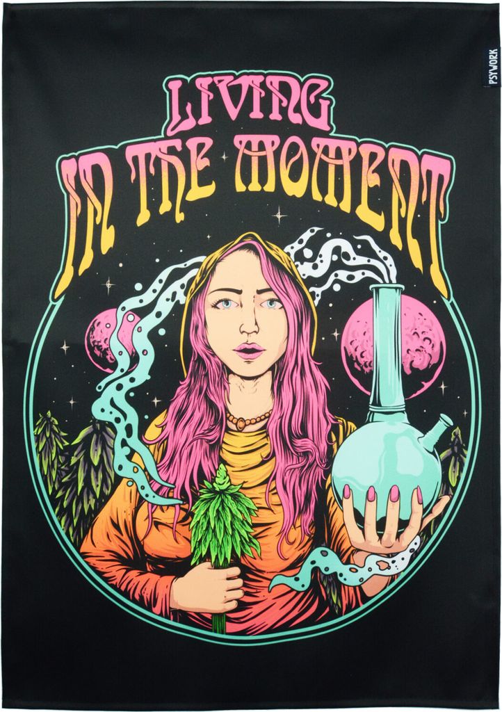 PSYWORK Schwarzlicht Stoffposter Neon "Living In The Moment", 40x60cm