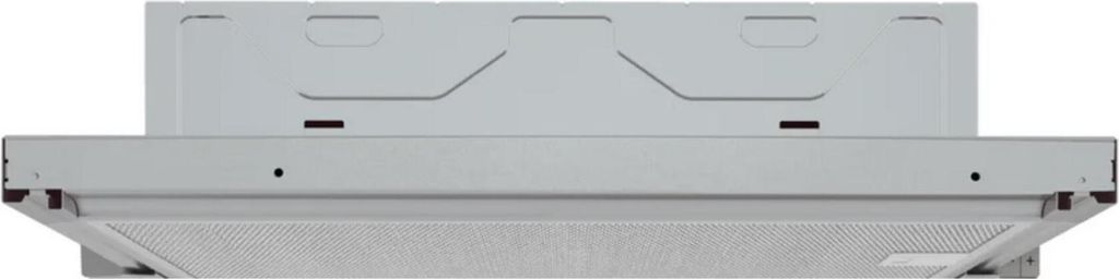 A close-up, straight-on view of the underside and front of a range hood.