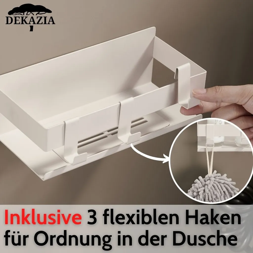 Cestino Doccia A Ventosa 30 Cm - Organizer Bagno Senza Trapano, In Metallo, Con Ripiano E Ganci - 5