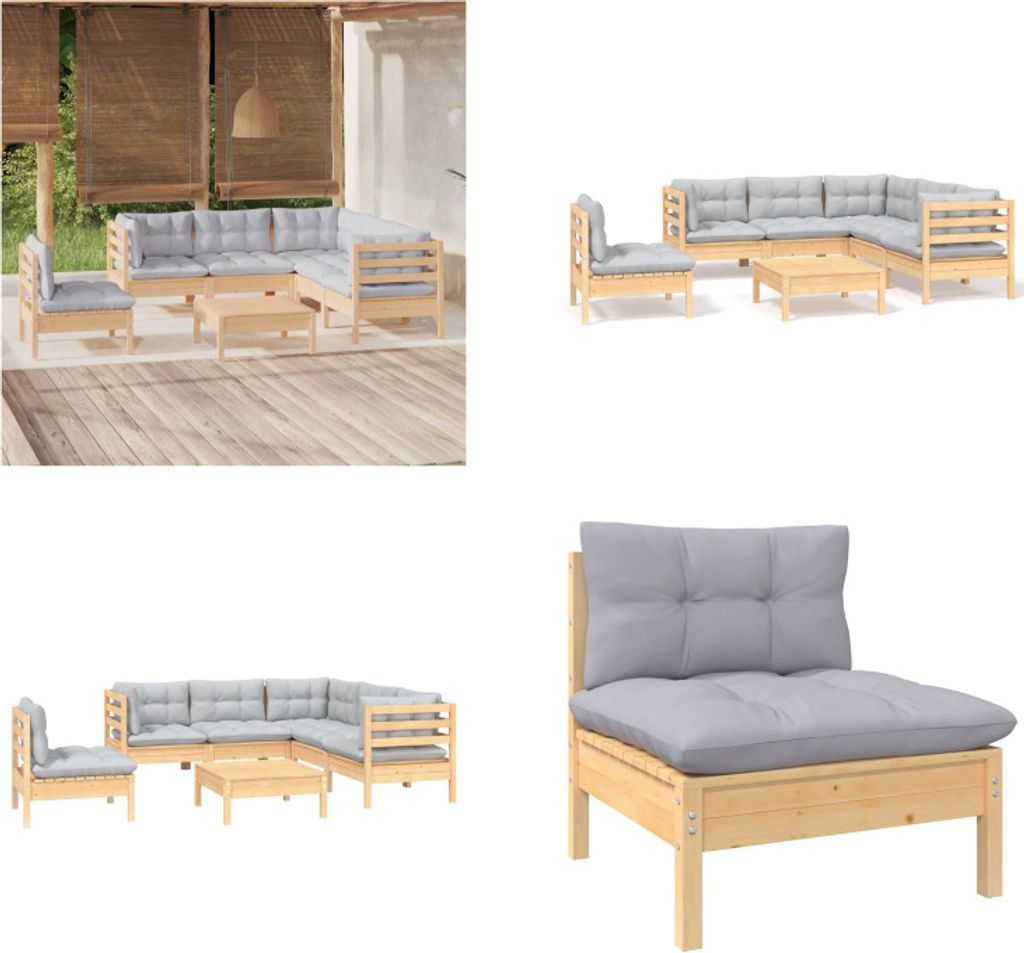 vidaXL 6 tlg. Garten Lounge Set mit Grauen Kissen Kiefernholz - Garten-Lounge-Set - Garten-Lounge-Sets - Gartenmöbel-Set - Gartenmöbel-Sets