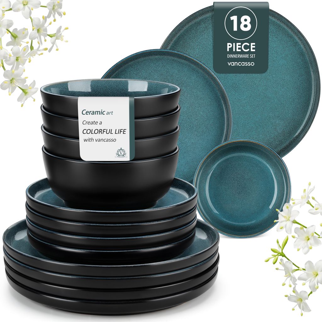 A stack of black bowls and plates with teal interiors, alongside teal plates and a label indicating '18 PIECE DINNERWARE SET'.