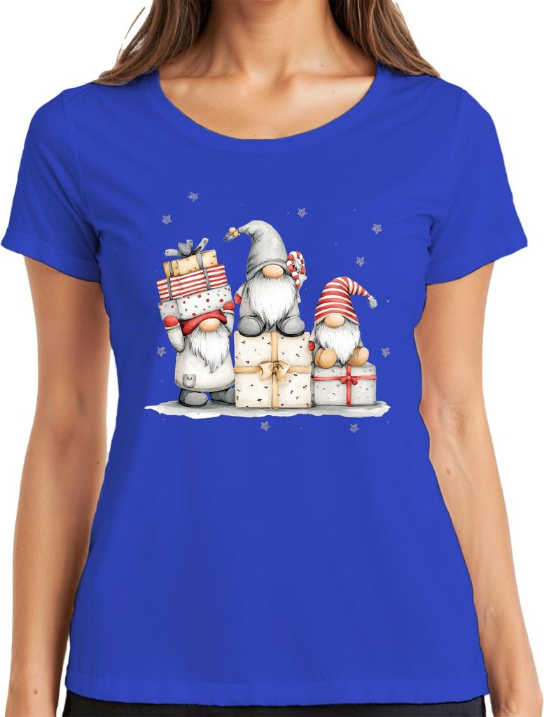 Weihnachtswichtel Geschenke Zuckerstange Sterne Niedlich Retro Damen T-Shirt, Blau, M