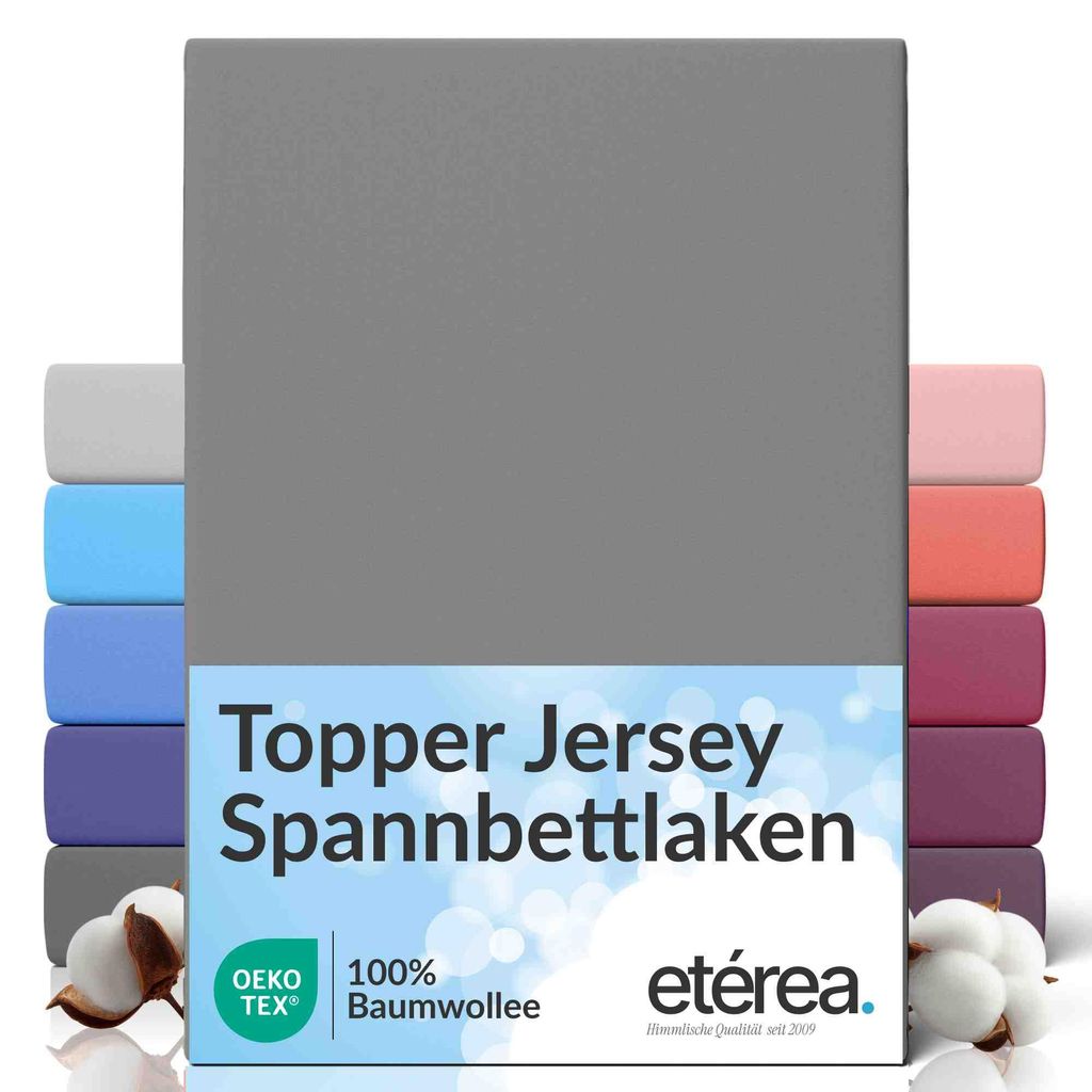 etérea Topper Jersey Spannbettlaken 180x200 - 200x200 cm – 100 % Baumwolle, formstabil & pflegeleicht - Grau