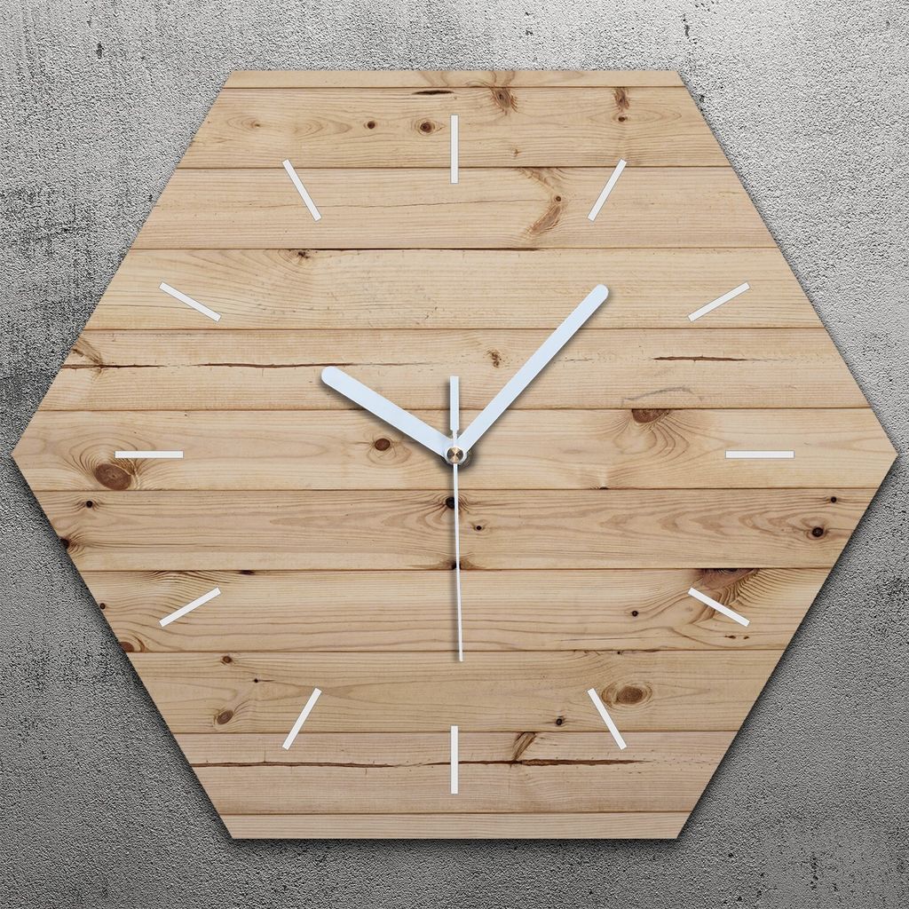 Uhr hexagonal 40 cm Glas Geräuschlos weiße Zeiger - Helles Holz