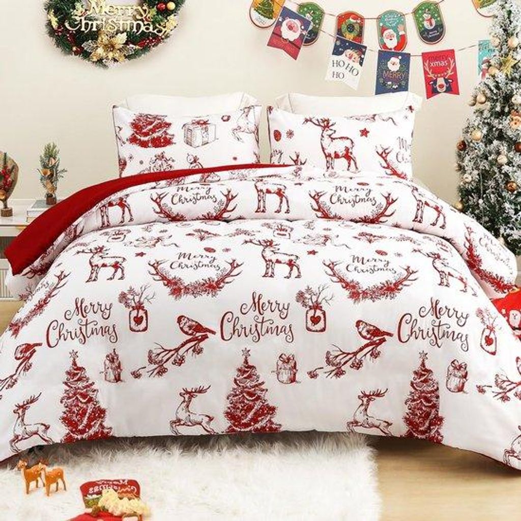 Unyqoos Warmes Doppelbettdeckenset mit Weihnachtsmotiven und Kissenbezügen