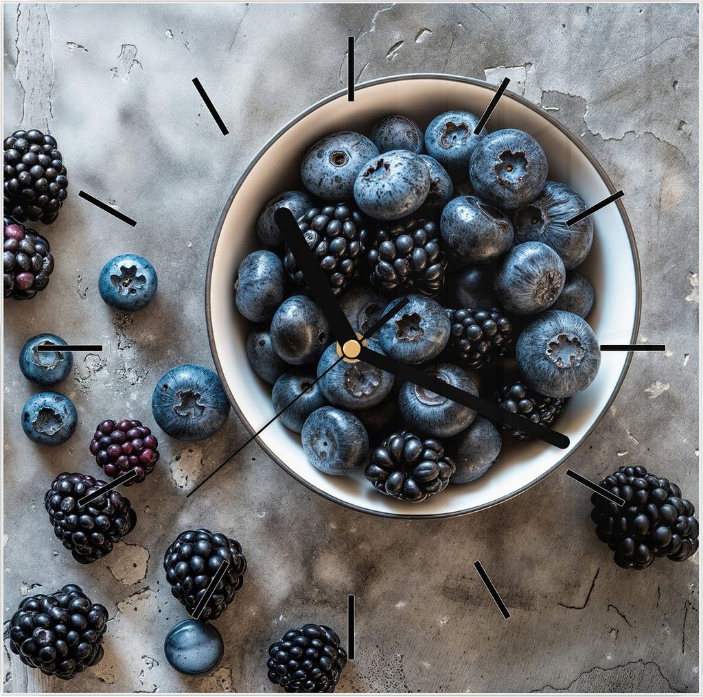 Wanduhr aus Glas mit Motiv Heidelbeeren Brombeeren- 30 x 30 cm - inkl. Aufhängesystem