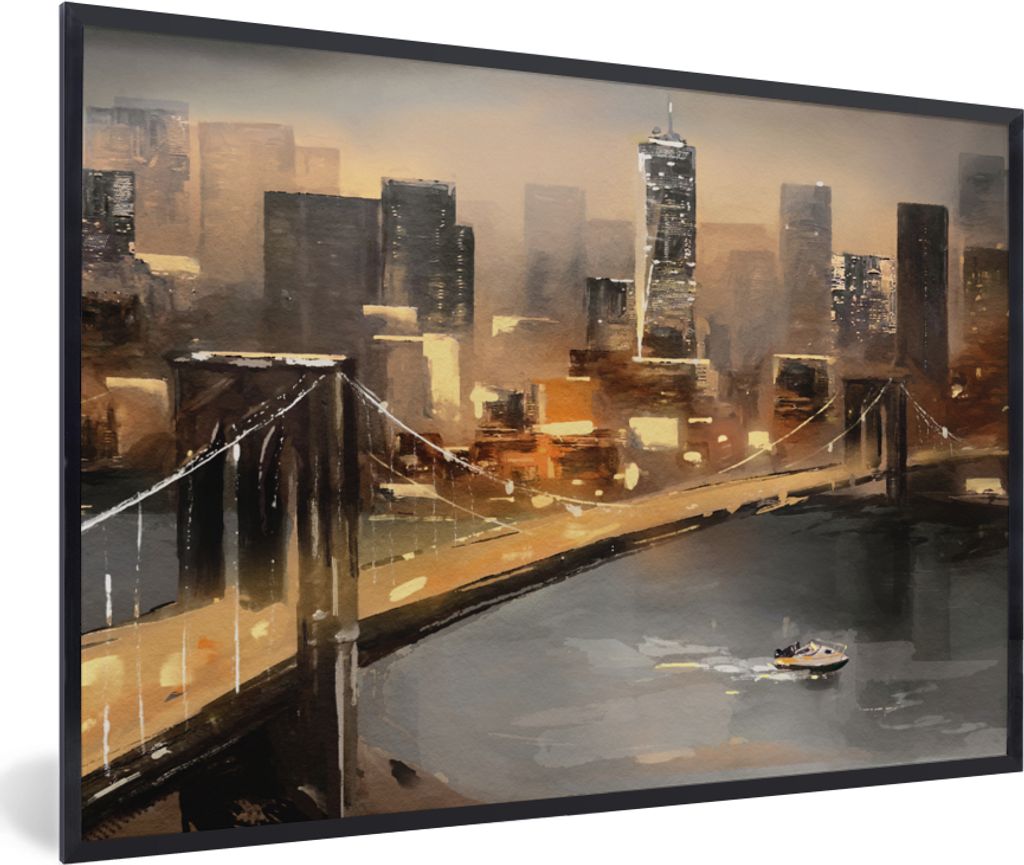 MuchoWow Gerahmtes Poster Gemälde - Öl - Skyline - Stadt - Wasser 60x40 cm - Poster mit Schwarzem Bilderrahmen Wandposter Rahmen Foto Bilder - ...