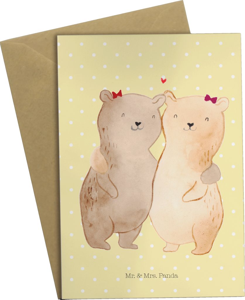 Mr. & Mrs. Panda babykarte Bären Schwestern - Gelb Pastell - Geschenk, Schwester, glückwunschkarten, hochzeitskarten, Beste Freundin, Schwesterhe...