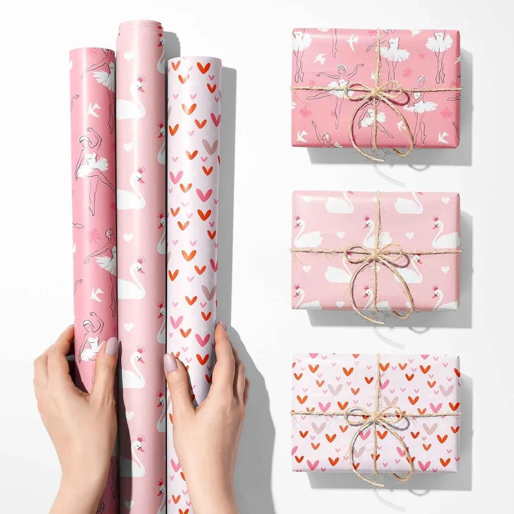 Carta da Pacchi Rosa per Ragazze 3 Pezzi 43x300cm Cigno e Ballerina