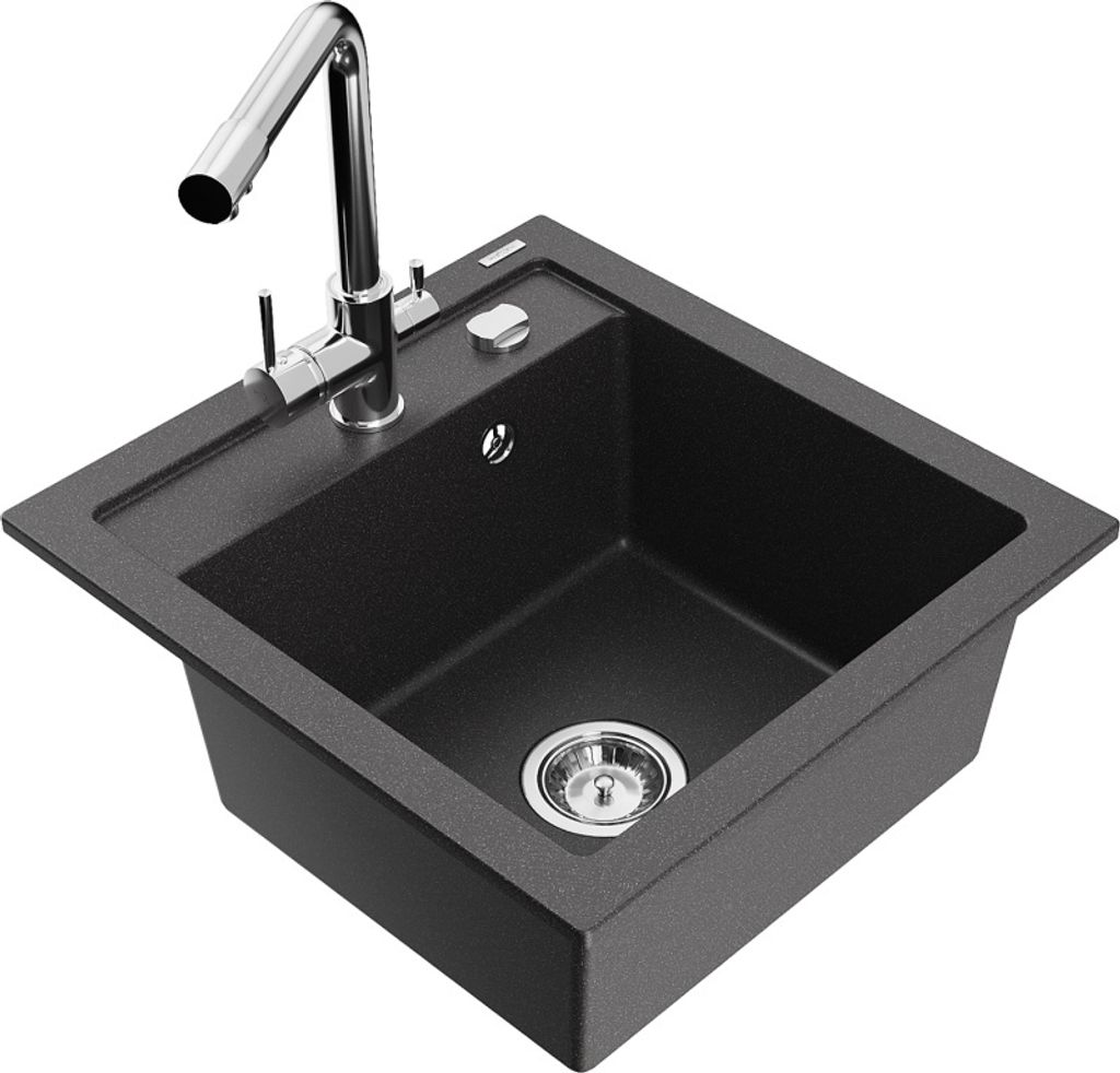 Mexen Vito 1-Becken-Granit-Spüle mit Mischbatterie Duero, Schwarz gesprenkelt - 6503-76-671600-00