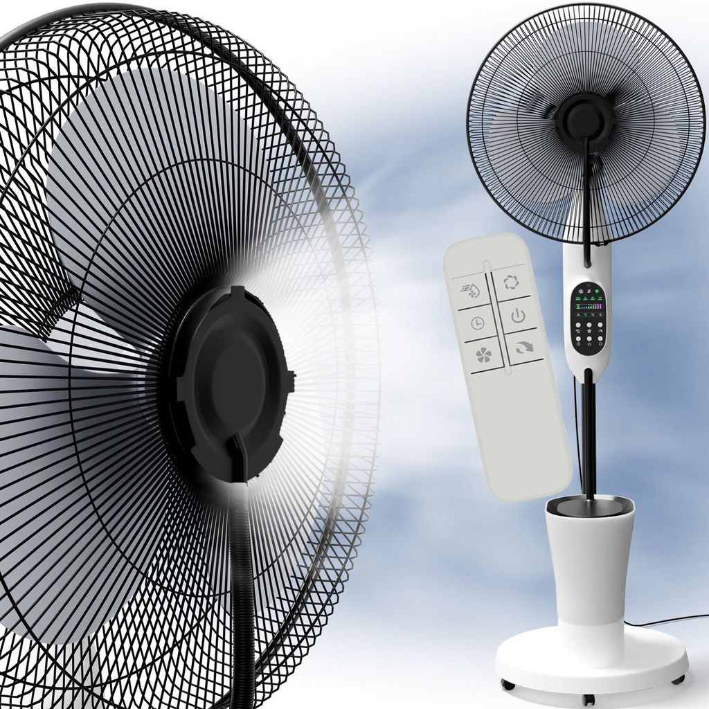 Ventilator mit Wasserkühlung, leiser Standventilator mit 75 Watt Leistung, Drei Geschwindigkeitsstufen, Luftbefeuchtung, Fernbedienung, Drehfunktion