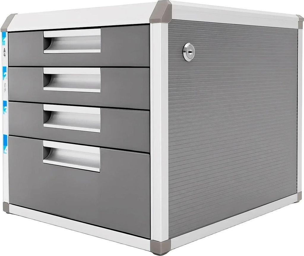Schubladenbox Büro - Schreibtisch-Organizer - 4 Fächer - Für A4-Dokumente - Abschließbar - Aluminiumlegierung - Grau