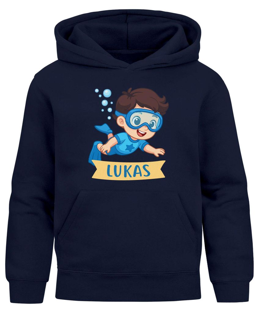 Kinder Hoodie Jungen mit Namen Geschenk Schwimmen Tauchen personalisiert Jungengeschenke Kapuzenpullover Grafik Print Comic Stil Moonworks