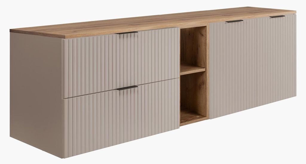 Badezimmer-Set: Schrank mit Schubladen, Schrank mit Türen und Regal 57×46×180 cm, Farbe: Eiche Craft / Cashmere, schwarzer Griff