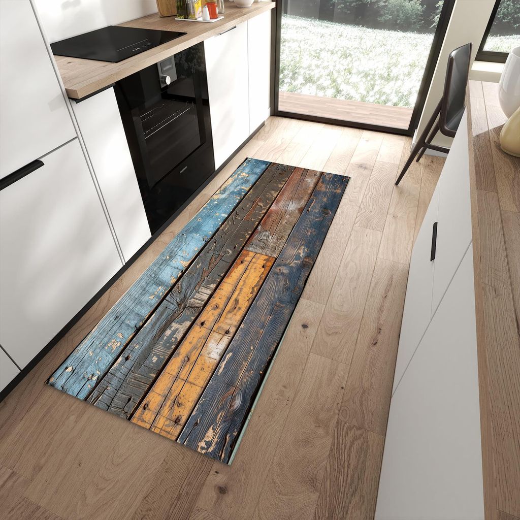 Küchenteppich 80x200cm rutschfest & abwischbar PVC Läufer - Bunte Holzplatte