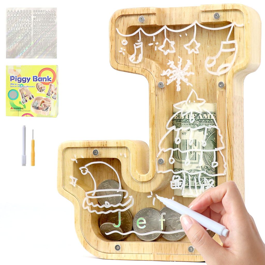 Spardose für Kinder, Jungen und Mädchen - Personalisierbar, transparent mit Holzbuchstaben AZ, Zielbereich, Aufklebern und Markern - Dekoration a...