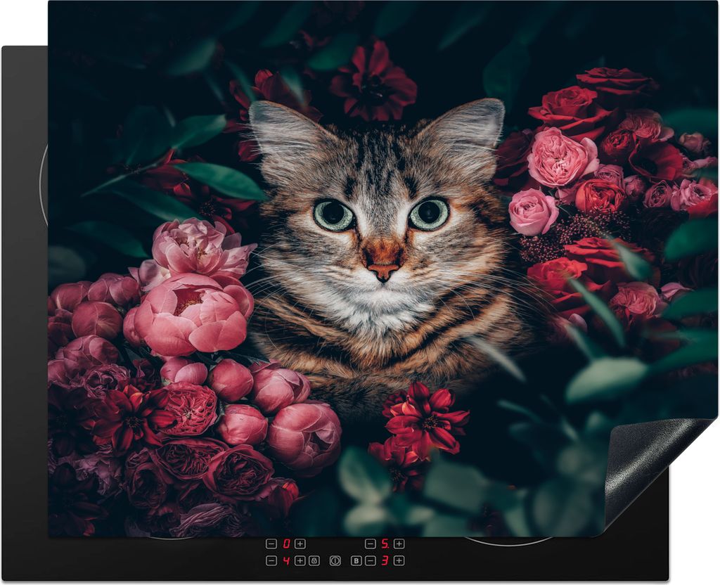 KitchenYeah Herdabdeckplatte Katze - Blumen - Tiere - Botanisch , 65x52cm, Küche Deko, Glaskeramikkochfeld Herdabdeckung, Abdeckplatte fùr Koch...