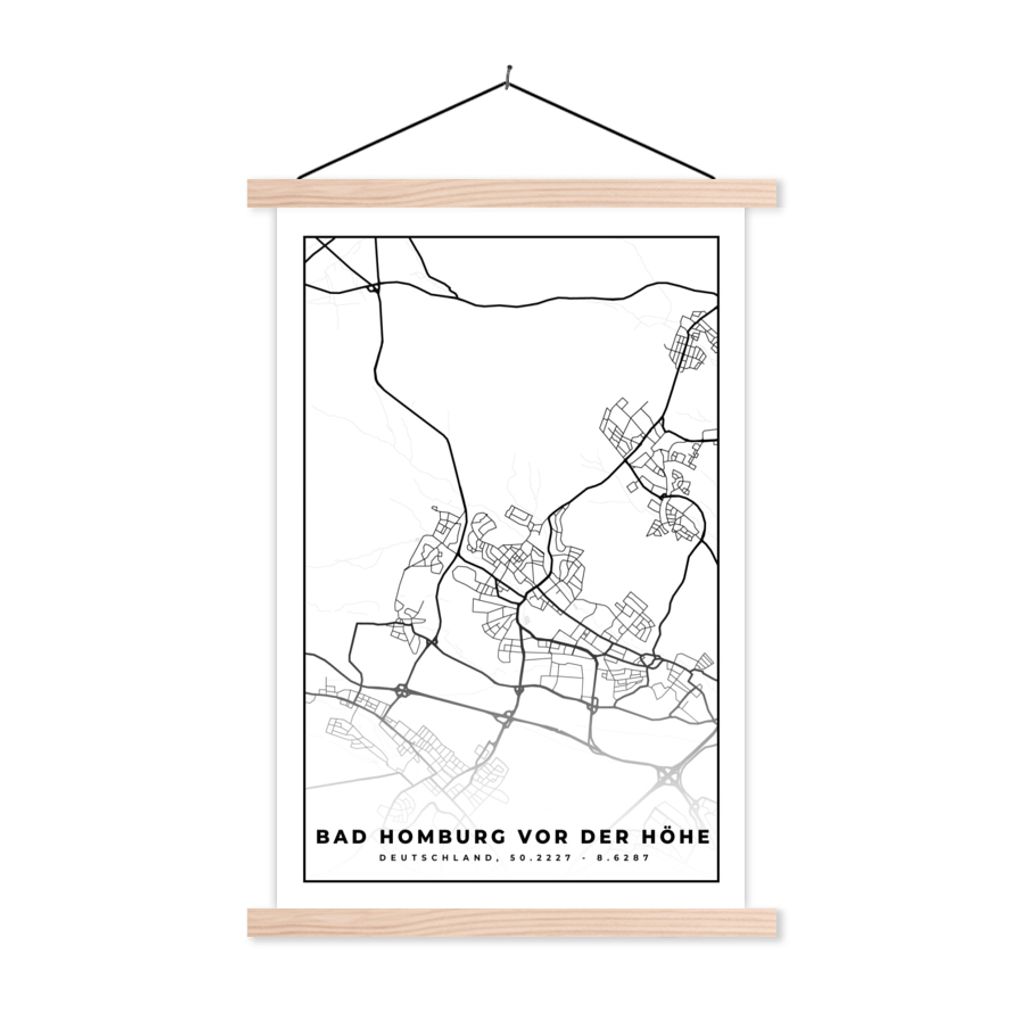 MuchoWow Textilposter Bad Homburg von der Höhe - Karte - Stadtplan 60x90 cm mit holzfarbenen Rahmen - Textil