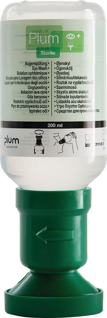 A bottle of Plum eye wash solution with its green applicator cap.