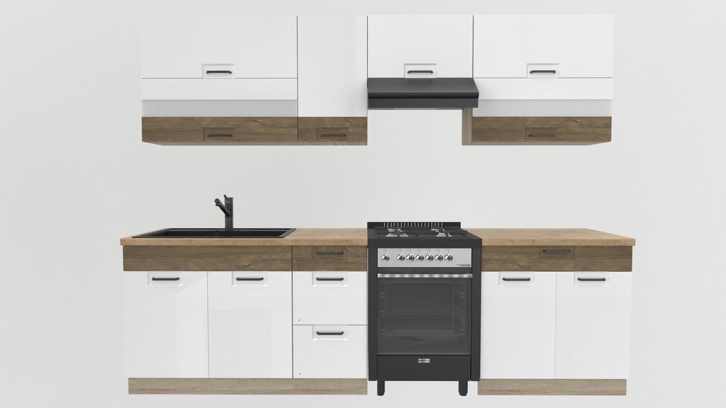 Küchenzeile 270 cm - FAVORIT B PLUS - Weiß Hochglanz und Sonoma Eiche - Arbeitsplatte Lancelot Eiche - Einbauküche - Metallbox Schubladen