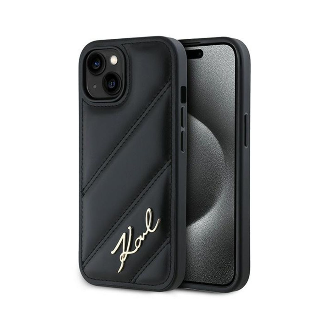 Hülle für Apple iPhone 15 Plus/14 Plus - Karl Lagerfeld Diagonal Quilted Script Back Cover - Schwarz