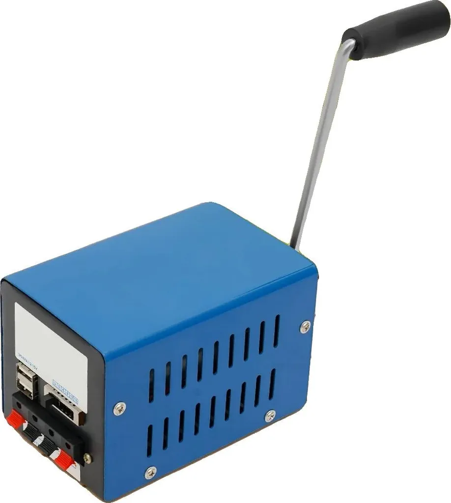 Generatore a manovella, alloggiamento in metallo, design compatto, potenza in uscita fino a 20W, impermeabile e resistente agli urti, ideale per il campeggio e le emergenze