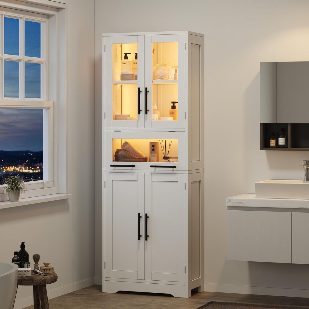 Merax Glastürvitrine mit LED-Lichtstreifen, 3 Glastüren, Holztür, Minimalistisches Badezimmerschrank, Küchenschrank, Vitrine, Hochschrank, Weiß