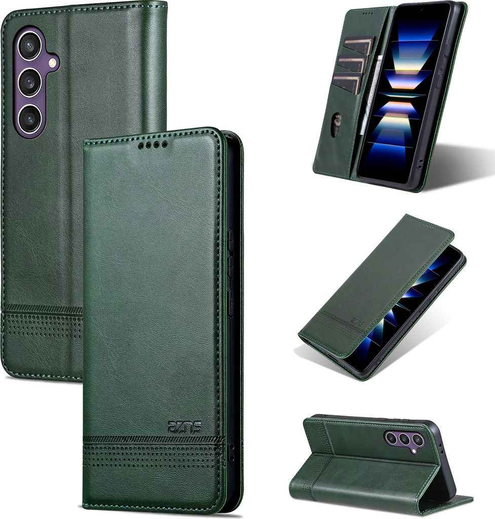 Leder Hülle für Samsung Galaxy S24, Klapphüllen Brieftasche Magnetverschluss Ständer Schutzhülle Grün