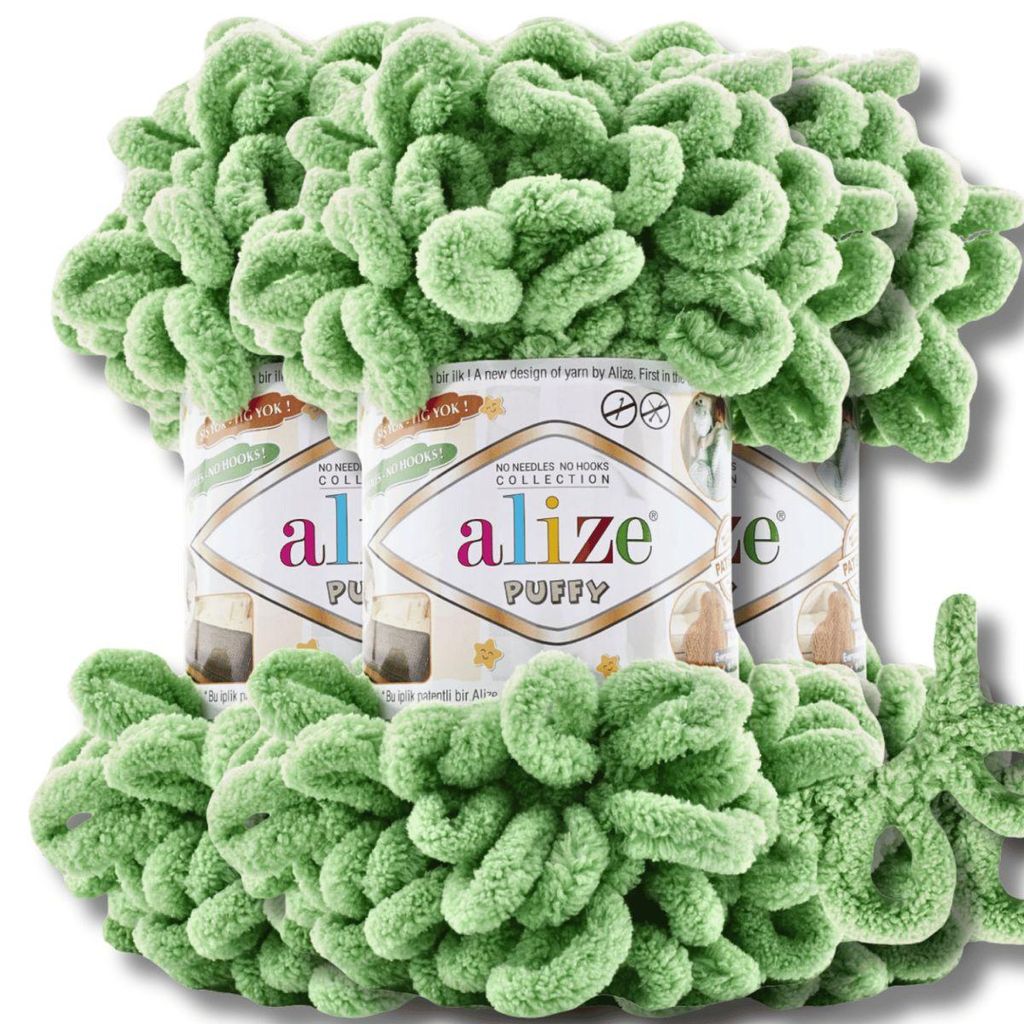 Alize 3x 100g Puffy Wolle, Uni, Häkeln, Stricken (Asparagus Green - 103)