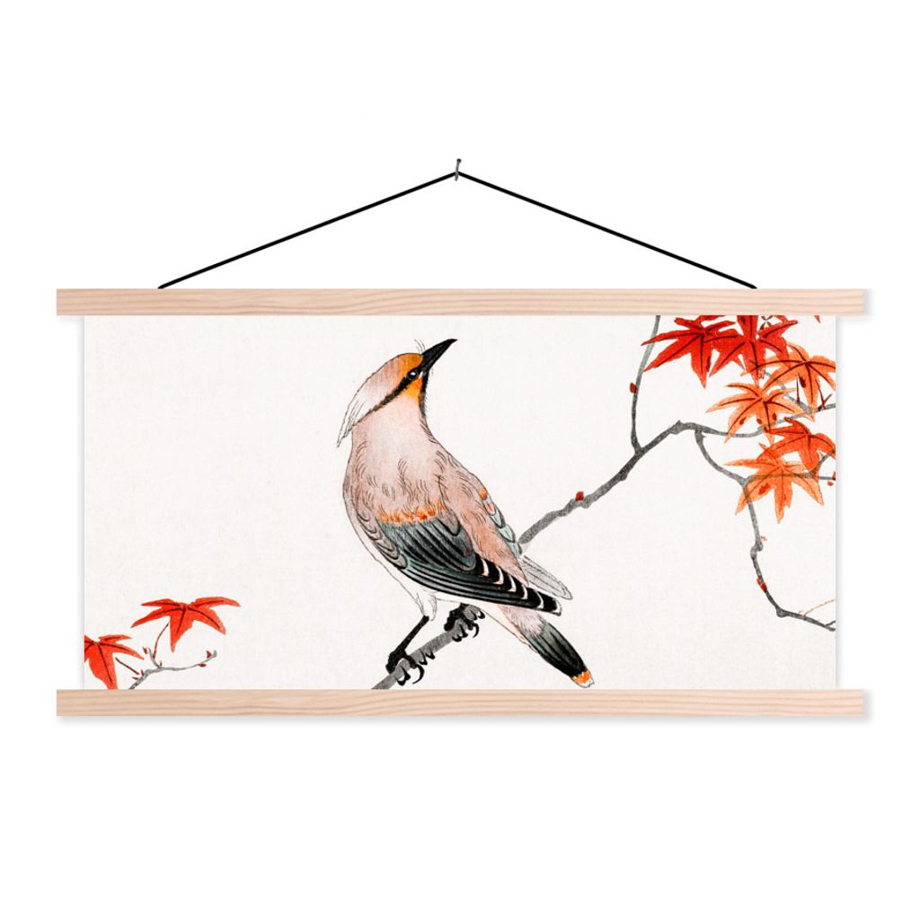 MuchoWow Textilposter Vogel - Japanischer Ahorn - Vintage 60x30 cm mit holzfarbenen Rahmen - Dekoration