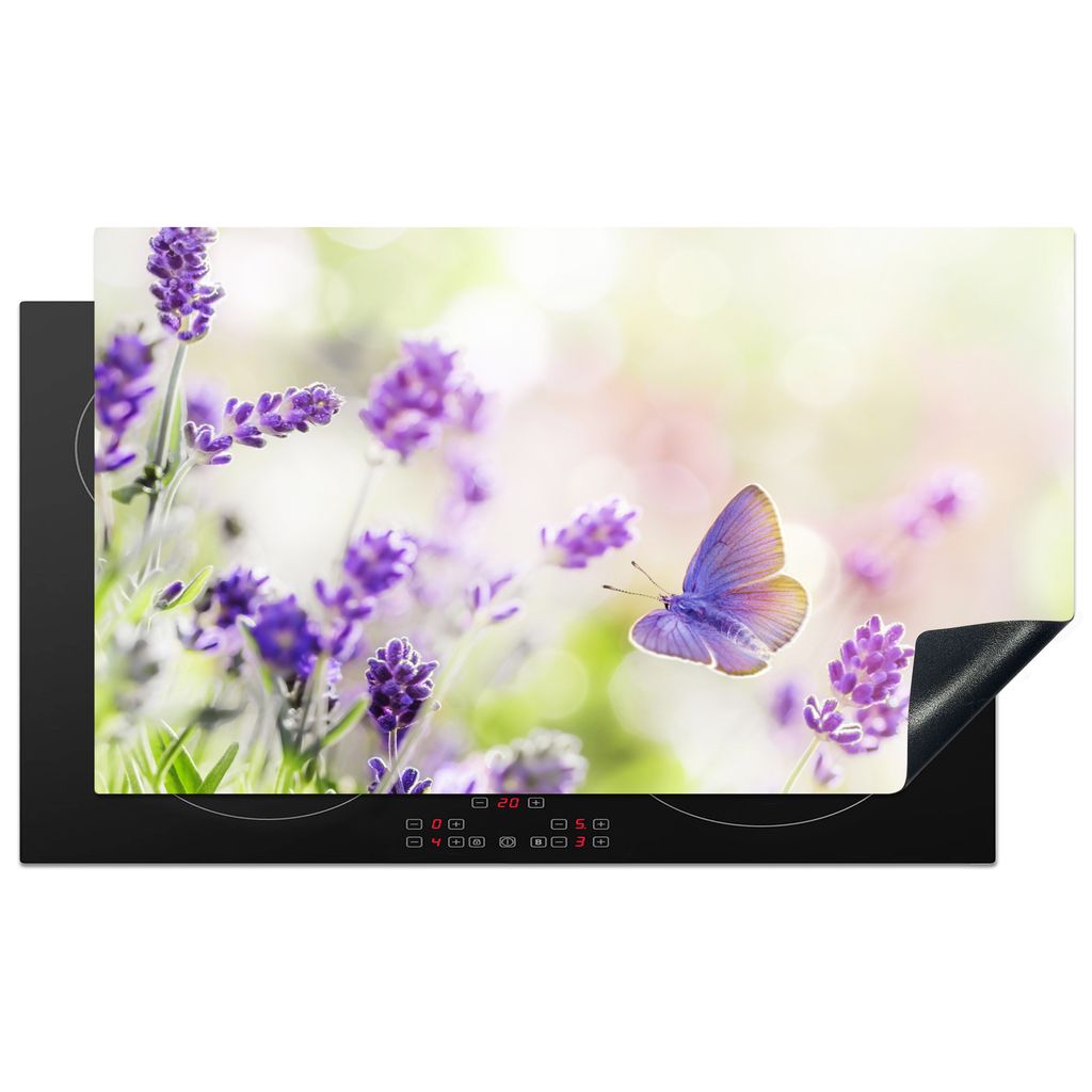 KitchenYeah Herdabdeckplatte Lavendel - Schmetterling - Blumen , 90x52cm, Küche Deko, Glaskeramikkochfeld Herdabdeckung, Abdeckplatte fùr Kochfeld