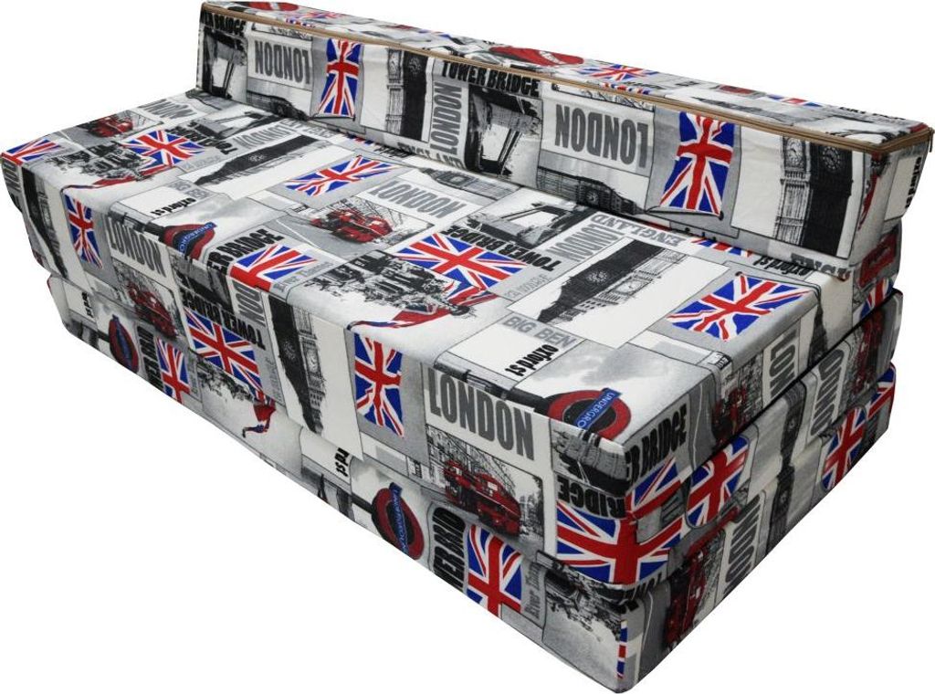 A folded sofa bed with a London-themed print.